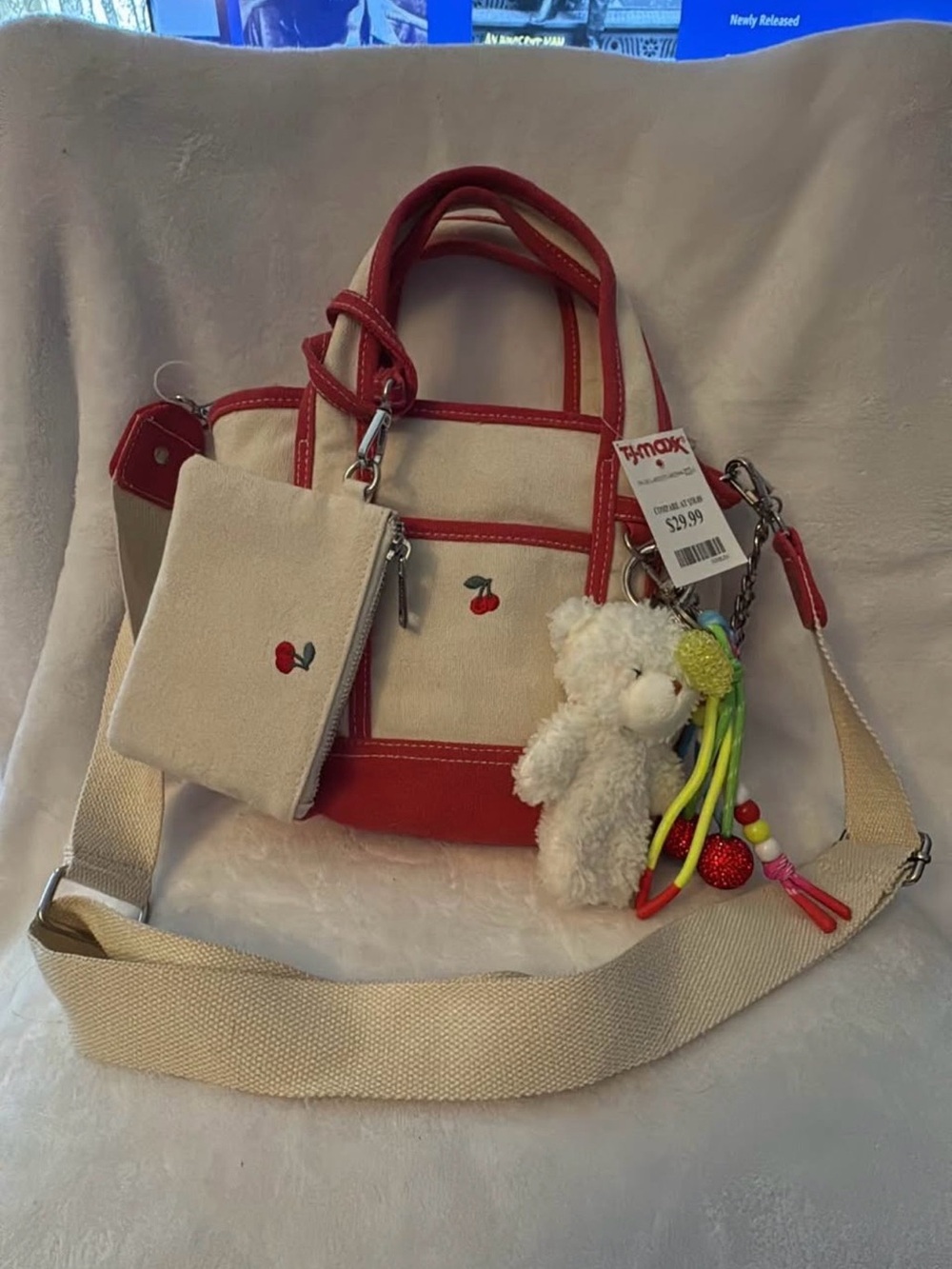 Madden girl Canvas Cherry Accent Satchel Tote Bag with Removable Strap